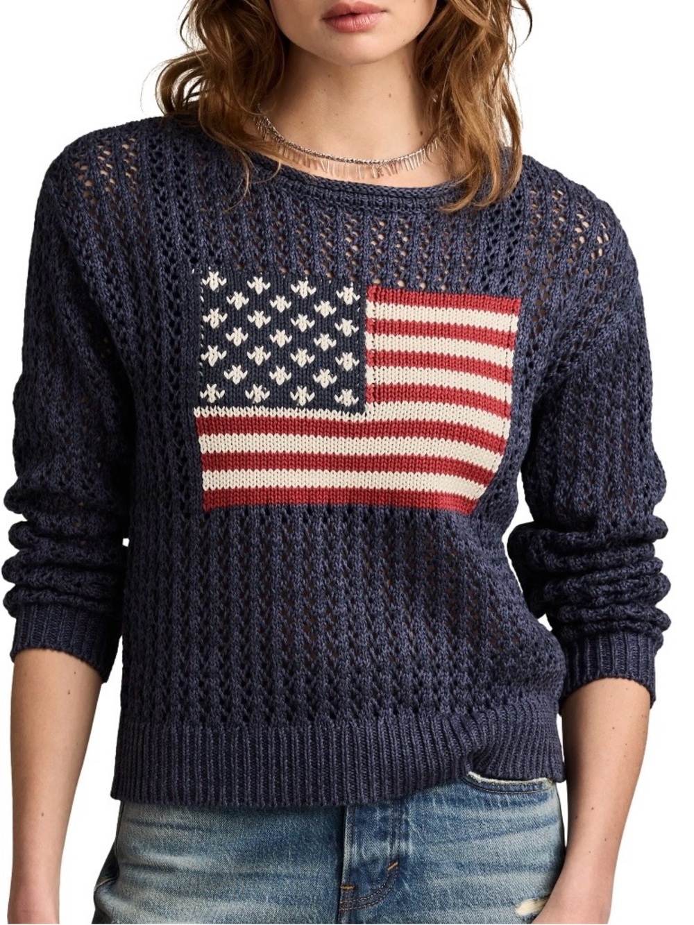 Lucky Brand Americana USA‎ Flag Open Knit Sweater 100% Cotton Blue Women Medium